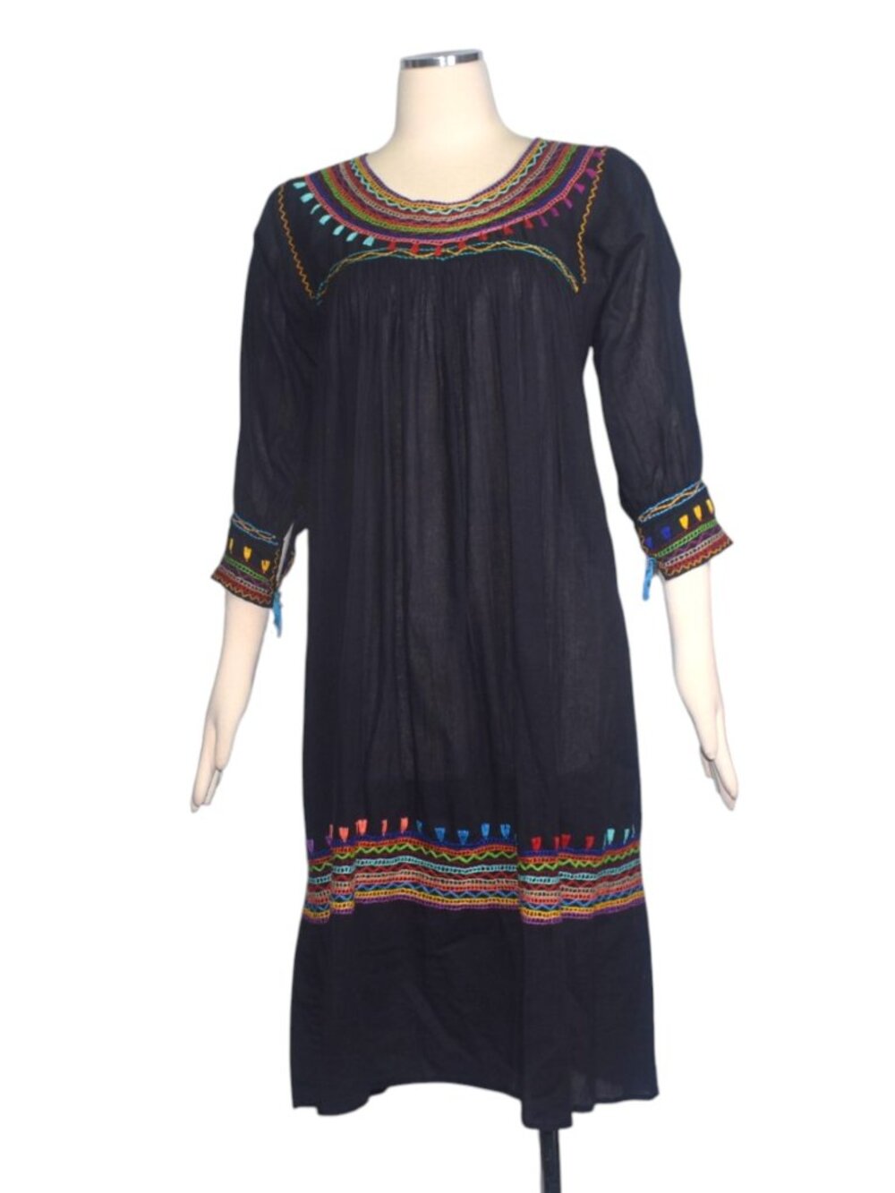 Embroidered Black Cotton Mexican Peasant Dress Handmade Artisanal Boho M